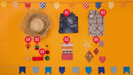 Materiais utilizados na customização do traje típico de festa junina para meninos estão dispostos sobre fundo amarelo